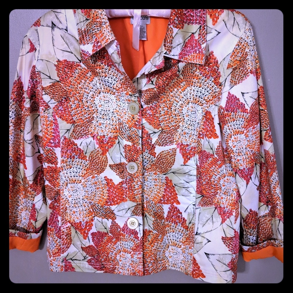 Chico's Poppy Red Orange Sequins Floral Blazer